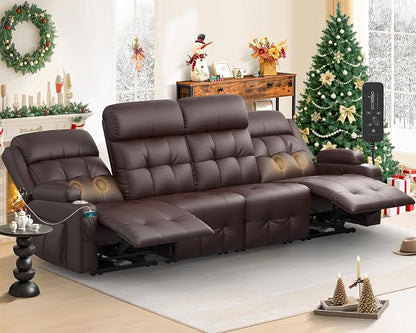 Reclining Couch, 113" PU Leather Sofa Recliner with Massage - 4 Seat Home Theater Seating Comfy Soft, Manual Wall Hugger Reclining with Lumbar Support Sofa Set for Family Living Room, Brown