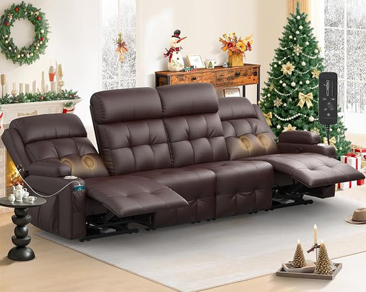 Reclining Couch, 113" PU Leather Sofa Recliner with Massage - 4 Seat Home Theater Seating Comfy Soft, Manual Wall Hugger Reclining with Lumbar Support Sofa Set for Family Living Room, Brown