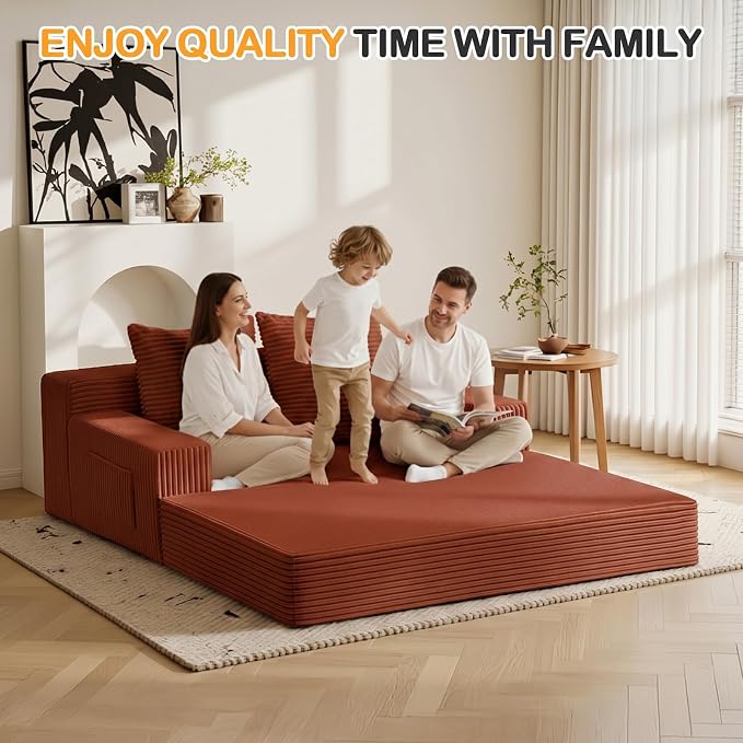 Erament Convertible Sofa Bed, Loveseat Folding Floor Futon Sleeper Sofa Couch Bed- Boneless Foldable Couch, Corduroy Pull Out Sofa Bed with 2 Pillows for Living Room & Bedroom