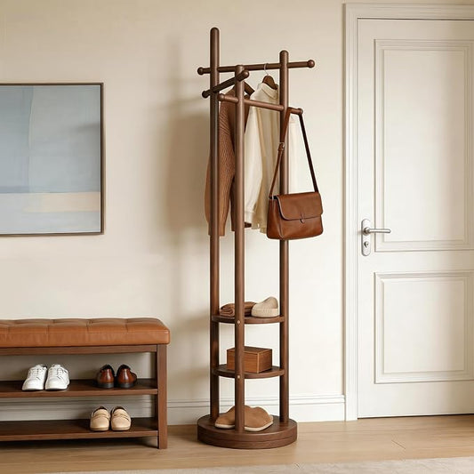 Coat Rack Freestanding, Solid Wood Coat Tree with 6 Hooks and 3 Storage Shelves for Bedroom, Entryway Living Room, Office, Corner Hanger Stand for Purse, Bag, Jacket, Hat