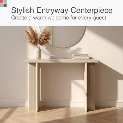 Stead Fluted Console Table – Weathered White Solid Wood Entryway Table with Oak Grain Veneer, Curved Base & Adjustable Feet – Modern Farmhouse Fluted Console Table for Hallway or Living Room.