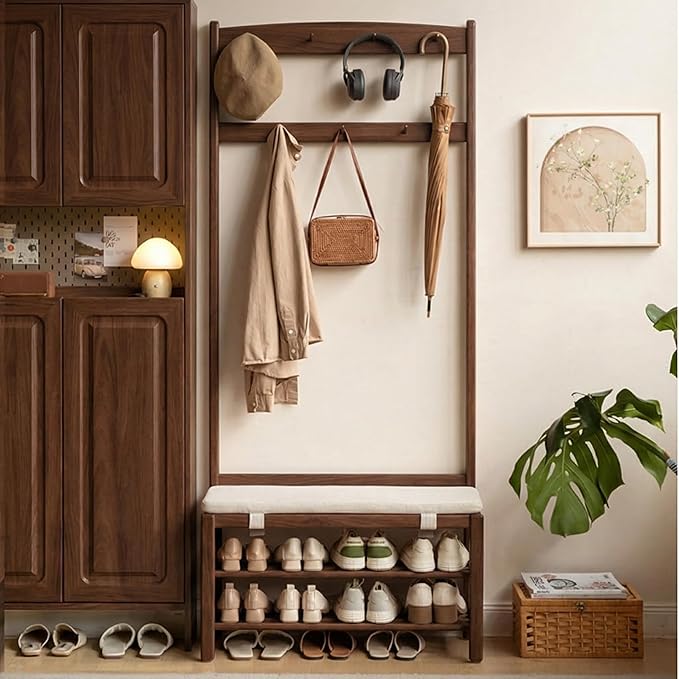 Oak Coat Rack, Solid Wood Hall Tree with Shoe Bench, 2-Tier Shoe Rack with 7 Hooks for Entryway, Hallway, 13.8" x 31.5" x 72.8", Walnut