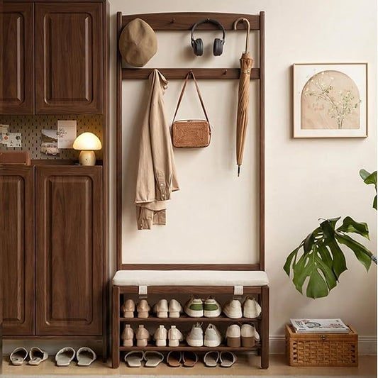 Oak Coat Rack, Solid Wood Hall Tree with Shoe Bench, 2-Tier Shoe Rack with 7 Hooks for Entryway, Hallway, 13.8" x 31.5" x 72.8", Walnut