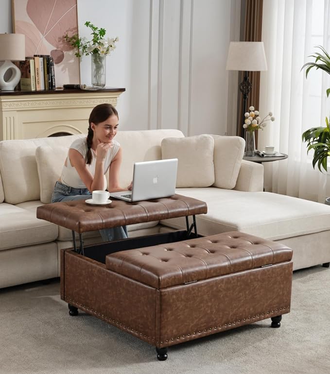 Tbfit Large Square Storage Ottoman Bench, Tufted Upholstered Coffee Table Ottoman with Lift Top & Solid Wood Legs, Oversized Storage Ottomans Toy Box for Living Room (Brown)