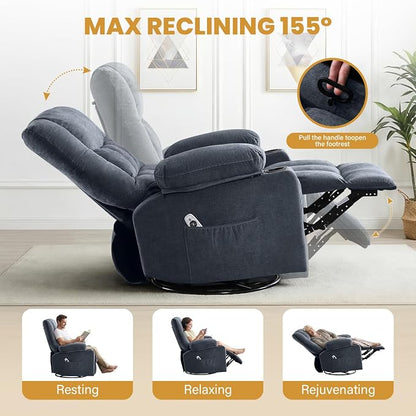 Swivel Recliner Chair for Adults with Vibration Massage and Lumbar Heat , Oversized Ergonomic Rocking Chair for Living Room and Bedroom, Featuring Side Pocket, 2 Cup Holders & USB Charge Port