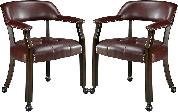 LEEMTORIG Set of 2 Large Dining Chairs with Casters and Arm, Rolling Dining Chairs with Wheels, Poker Table Chairs, Boss Caption's Chairs, 26"D x 25.2"W x 31.5"H, Espresso Legs & Wine Red, XXY-1910-WR