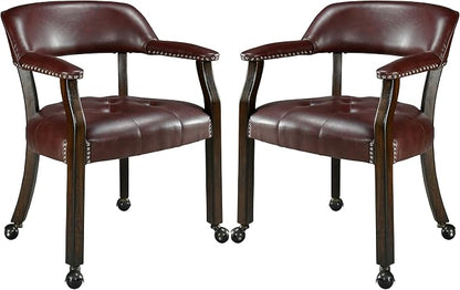 LEEMTORIG Set of 2 Large Dining Chairs with Casters and Arm, Rolling Dining Chairs with Wheels, Poker Table Chairs, Boss Caption's Chairs, 26"D x 25.2"W x 31.5"H, Espresso Legs & Wine Red, XXY-1910-WR