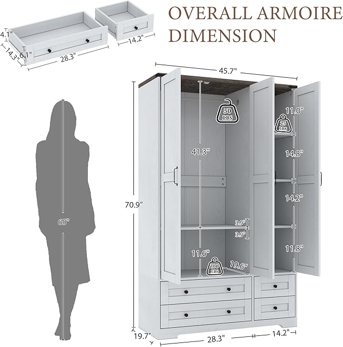Yechen 71" Wooden Armoire Wardrobe Closet with Mirror and 4 Drawers, 3-Door Modern Functional Clothes Tall Storage Cabinet with 4 Adjustable Shelves and Hanging Rod, Freestanding Wardrobes for Bedroom