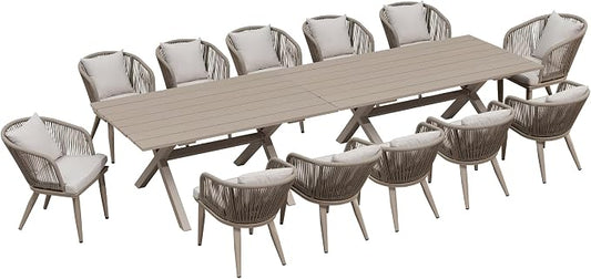 PURPLE LEAF 14 Pieces Patio Dining Set Wicker Outdoor Furniture Rectangular Table and Chairs Set for Garden Deck Aluminum Frame Backyard Kitchen Set, Cushions and Pillows Included Champagne