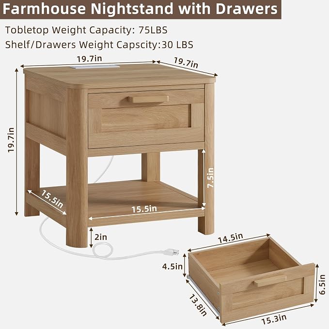 Joaxswe Farmhouse Night Stand Set of 2 with Charging Station, Wood Bed Side Tables Bedroom Set of 2 with Drawer & Open Storage Shelf, Natural Wood