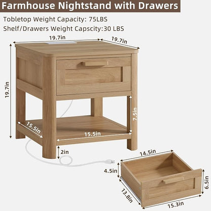 Joaxswe Farmhouse Night Stand Set of 2 with Charging Station, Wood Bed Side Tables Bedroom Set of 2 with Drawer & Open Storage Shelf, Natural Wood