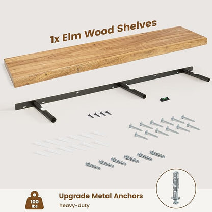 Live Edge Floating Shelves for Wall Decor, Solid Elm Wood Floating Shelves Wall Mounted, Rustic Wall Shelves with Invisible Bracket for Living Room Bathroom Bedroom Kitchen, 48 Inch, Natural