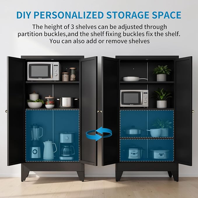 48" H Black Steel Pantry Storage Cabinet with 3 Adjustable Shelves | 4-Tier Tall Metal Cabinets for Kitchen, Living Room, Garage, Heavy Duty Freestanding Utility Cabinet, Assembly Required