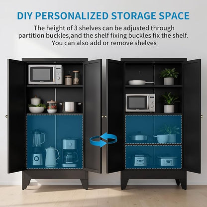 48" H Black Steel Pantry Storage Cabinet with 3 Adjustable Shelves | 4-Tier Tall Metal Cabinets for Kitchen, Living Room, Garage, Heavy Duty Freestanding Utility Cabinet, Assembly Required