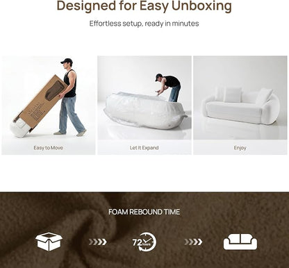 SICOTAS 90.6" Curved Convertible Sofa Couch Bed for Living Room Futon Cloud Boneless Sleeper Sofa Pull Out Floor Couch with Deep Seat Modern 3 Seater Foam Bed No Assembly for Bedroom Apartment, White