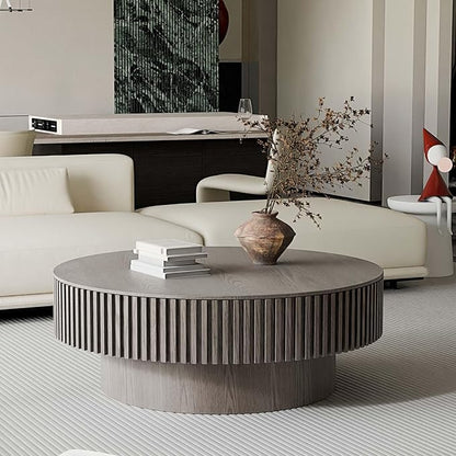 39'' Round Coffee Table with Storage, Modern Wooden Coffee Table with Solid Wood Veneered, Circle Center Table Accent Tea Table for Living Room Apartment Grey