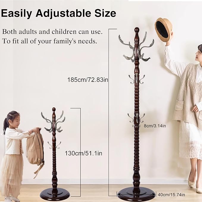 Wooden Coat Rack Freestanding, Hall Tree Hanger With Resin Hooks, Adjustable Heavy Duty Coat Rack for Hanging Clothes Bags Hats in Living Room Bedroom (coat rack, Round Base-Metal hook)
