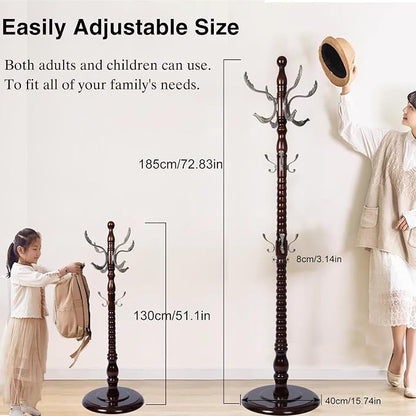 Wooden Coat Rack Freestanding, Hall Tree Hanger With Resin Hooks, Adjustable Heavy Duty Coat Rack for Hanging Clothes Bags Hats in Living Room Bedroom (coat rack, Round Base-Metal hook)