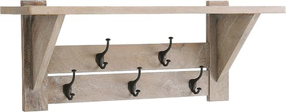 Alaterre Furniture Bethel Wall-Mounted Coat Rack with Shelf – Modern Farmhouse 40-Inch Solid Wood Entryway Organizer with 5 Black Metal Double Hooks & Upper Storage Shelf (Driftwood Finish)