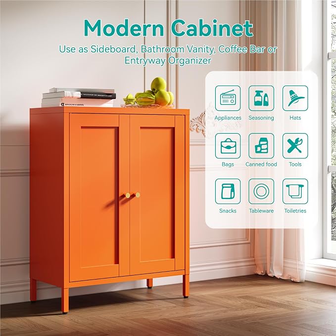 Metal Floor Storage Cabinet, Small Freestanding Sideboard Storage with 2 Adjustable Shelves for Bathroom Entryway Living Room Dining Room Coffee bar,11.8"D x 23.6"W x 31.5"H,3-Tier,Orange