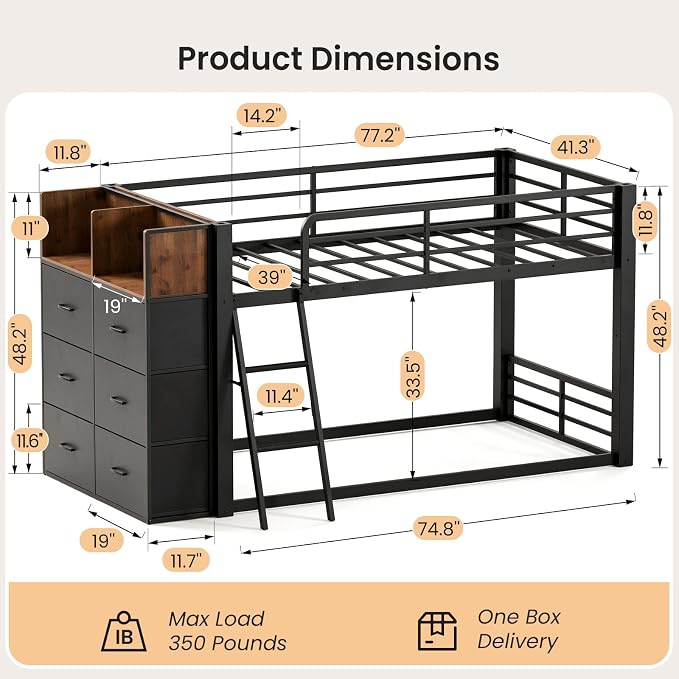 Mixcous Twin Over Twin Metal Loft Bed, Low Bunk Bed with Reversible Storage Dresser, Kids Teens Floor Bunk Bed with Drawers, Full-Length Guardrails, No Box Spring Needed, Black | 6 Drawers