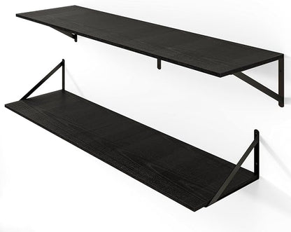 Heimlove Black Deep Floating Shelves for Wall, 44W x 12D Wood Wall Shelves Set of 2, Wide Floating Bookshelf for Living Room, Kitchen, Office, Bedroom and Decor Storage, with Metal Bracket - Black