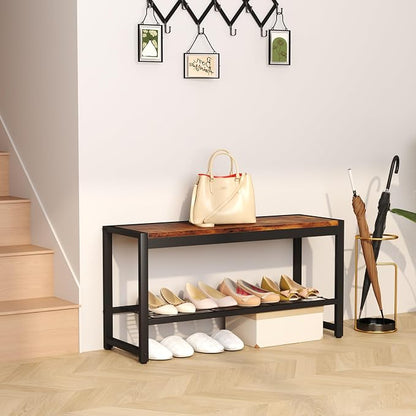 HOMEFORT Shoe Bench, Modern Industrial Shoe Storage Bench, Entryway Bench with Mesh Shelf and Sturdy Metal Frame, Metal Shoe Rack Bench for Hallway, Mudroom, Living Room, Rustic Brown