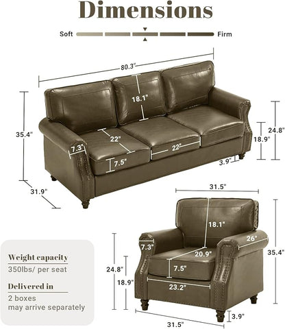 Kingfun Mid-Century Modern Couch, Faux Leather Sofa Set, 3 Seater Couch for Living Room with Rolled arms & Nailhead Trim, Olive Green