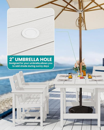 SERWALL 8-Piece Patio Dining Sets with 15FT Umbrella, Outdoor HDPE Dining Furniture Set with Umbrella Hole Cut-Out Table and 6 Chairs, White（Umbrella Base not Included）