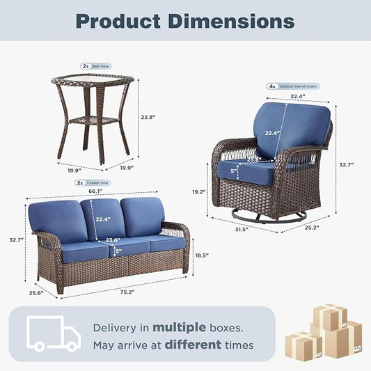 Belord Patio Chairs Set and 3-seat Sofa, Wicker Swivel Rocker Outdoor Chairs for Deck Yard and Poolside, 8 Piece Luxury Patio Furniture Set,Blue