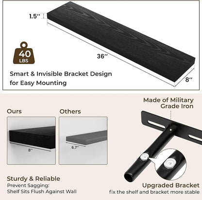 RICHFOCUS 36Inch Floating Shelves for Wall 2 Pack Shelves for Bedroom|Kitchen|Bathroom Wall Mounted Rustic Wood Floating Shelf with Invisible Brackets for Books|Storage|Decor, Black