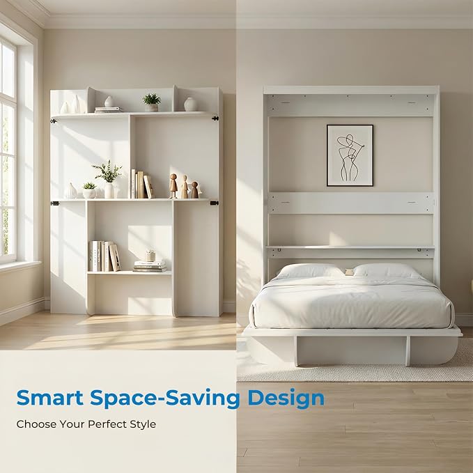 Mjkone Queen Size Wall Murphy Bed with Storage Shelf, Queen Wall Beds Cabinet Murphy Beds with Bookshelf, Top Cabinet Bedframe, Space-Saving Cabinets Beds for Bedroom/Guest Room/Studio/Office - White