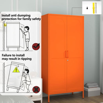 Metal Wardrobe with Lock 67"Clothing Steel Storage Cabinet Locker Hanging Rod And Adjustable Shelves 2 Doors Household kids wardrobe closet Lockers For Bedroom Home Orange Size:67"H X 31.5"W X 18.1"D