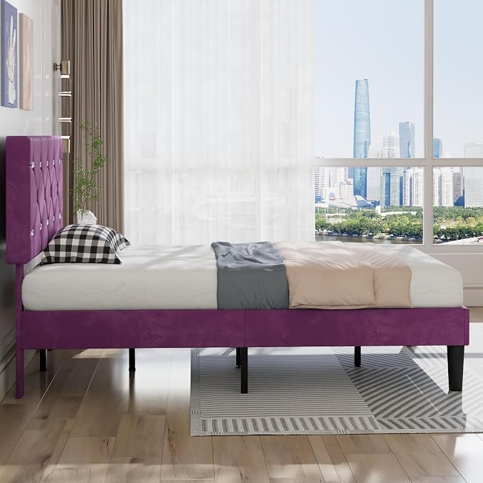 VECELO Twin Size Bed Frame with Diamond Tufted Headboard, Upholstered Platform Bedframe with Wood Slat Support, No Box Spring Needed, Velvet & Purple