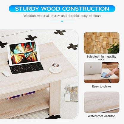 FDW Lift Top Coffee Table with Lift Tabletop Hidden Compartment and Storage Shelf Wooden Living Room Table for Home Reception Room Office,Nature