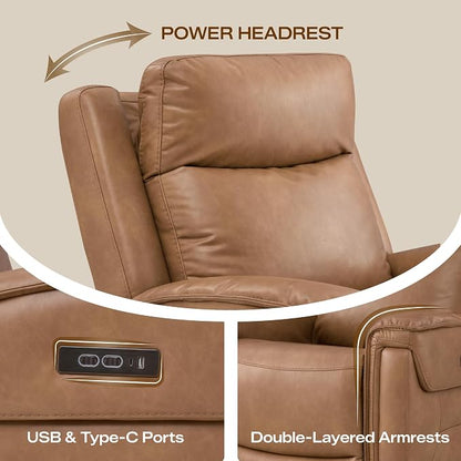 Watson & Whitely Super Zero Gravity Power Recliner Chairs with Power Headrest, Leather Recliner with USB/Type-C Ports for Adults, Electric Reclining Sofa Chair for Living Room, Bedroom, Cognac Brown
