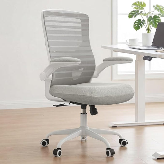 Office Chair for Long Hours & Back Pain Relief – 4" Molded Foam Cushion, Padded Lumbar Support, and Padded Flip-up Armrests, Ideal for Office or Study, Light Gray