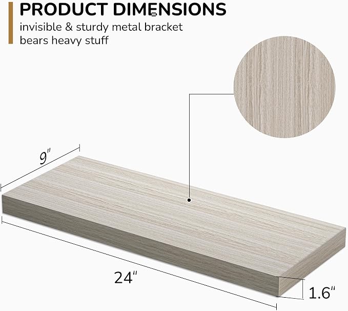 Floating Shelves - 24 Inch Rustic Wooden Wall Shelves - Extra Deeper & Thicker Wall Mounted Storage Shelf for Living Room, Kitchen, Farmhouse - 24" W x 9" D x 1.6"H - Rustic Grey, 2 Pack