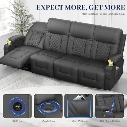 YONISEE 4 Seat Recliner Sofa, Manual Reclining Sofa Couch with USB Ports, 2 Cell Phone Holder, 4 Seater Loveseat Recliner Couch for Living Room Home Theater Seating