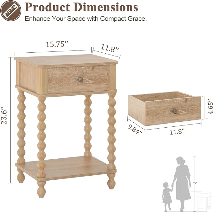 AWASEN Night Stand, Wood End Table with Drawer for Living Room, Small Bedside Side Table with Spindle Wood Legs for Bedroom, Office, Rustic Walnut