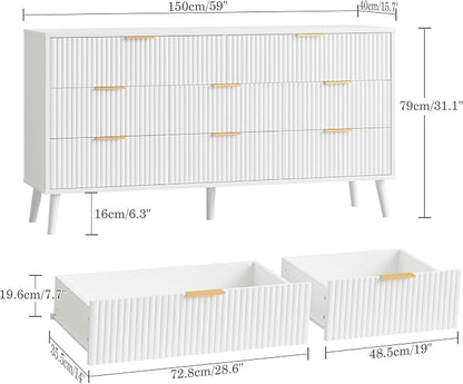 Fluted Dresser for Bedroom with 8 Drawers, Wooden Dresser with Metal Handle, White Dresser for Bedroom, Wood Closet for Hallway, Modern Storage Organizer for Living Room BDR104WW