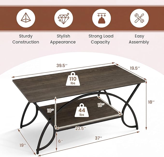 Giantex 2-Tier Coffee Table with Storage, 39.5" Wood Center Table with Open Storage Shelf & Black Finished Metal Frame, Industrial Living Room Table for Small Spaces (Grey Oak)