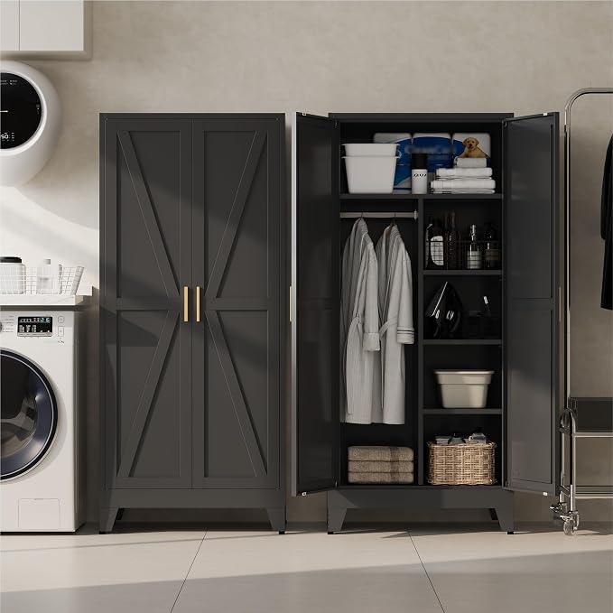 Baborokic Metal Wardrobe Cabinet with Hanging Rod,Large 71" Armoire Wardrobe Closet with Adjustable Shelves and Doors,Farmhouse Metal Office Cabinets for Bedroom,Office,Employee(Black)