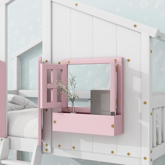 Twin over Twin House Bunk Bed with Roof,Windows,Door,Window Boxes,Safety Guardrails & Ladder,Pine Wood Frame,Low-Height Kids Bunk Beds for Bedrooms,Playful Loft Bed with Easy Assembly, Pink+White