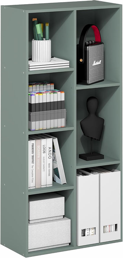 Furinno LUDER Book Shelf, 7-Cube Bookshelf, Bookcase with Open Shelves, 9.4 x 19.5 x 41.7, Easy Assembly, for Living Room, Bedroom, Home Office, Sage Green