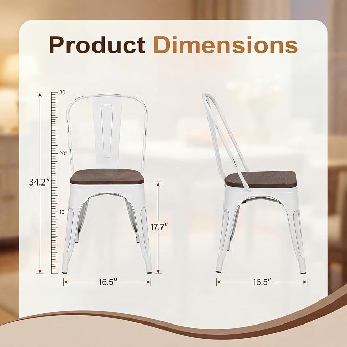 JUMMICO Metal Dining Chair Stackable Industrial Vintage Kitchen Chairs Indoor-Outdoor Bistro Cafe Side Chairs with Back and Wooden Seat Set of 4 (White)