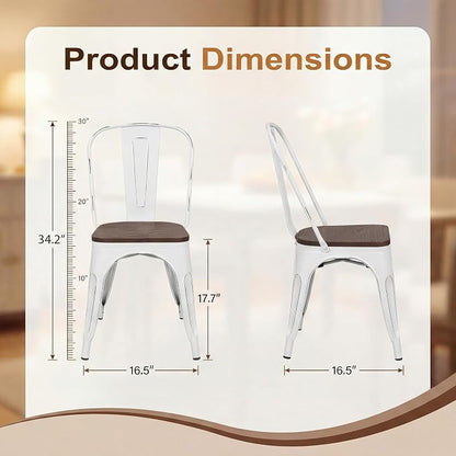 JUMMICO Metal Dining Chair Stackable Industrial Vintage Kitchen Chairs Indoor-Outdoor Bistro Cafe Side Chairs with Back and Wooden Seat Set of 4 (White)