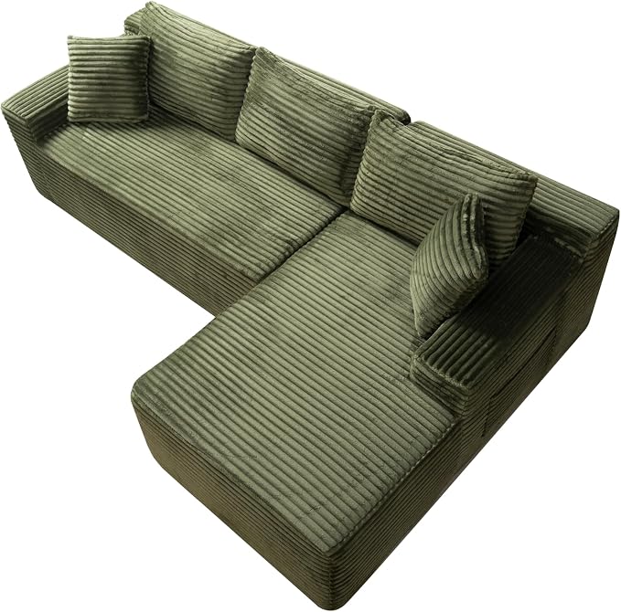 95" L-Shaped Right Facing Cloud Sectional Couch for Living Room, Modular Compressed Boneless Sectional Sofa Corduroy Boneless Corner Foam Sofa W/Chaise Lounge and Pillows