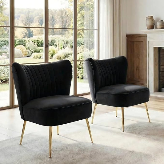 DUOMAY Modern Accent Chair Set of 2 Velvet Slipper Chair with Gold Legs Wingback Side Chair for Living Room Bedroom Entryway Small Corner Chair for Space Saving, Black