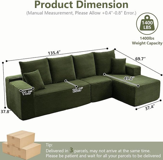 135" Cloud Sectional Couch with L-Shape Chaise, Modern Modular Comfy Sofa Chaise Longue, Upholstered Corduroy Couches Sleeper with Deep Seat for Living Room Bedroom, No Assembly Required, Green